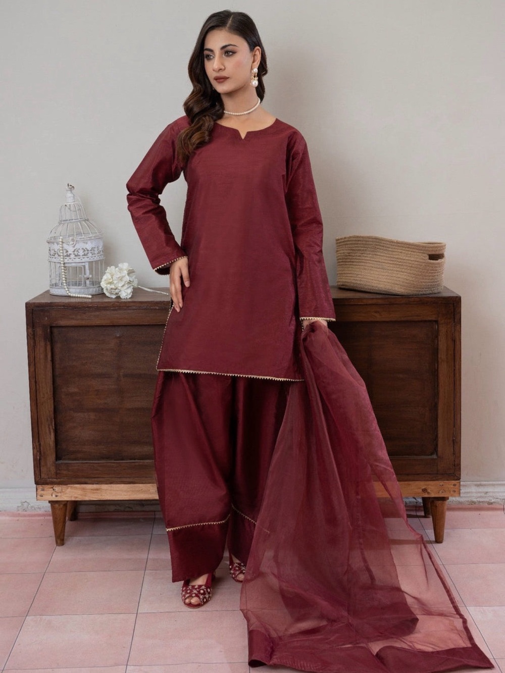 Maroon Women's 3 Pcs Kurta Set with Dupatta